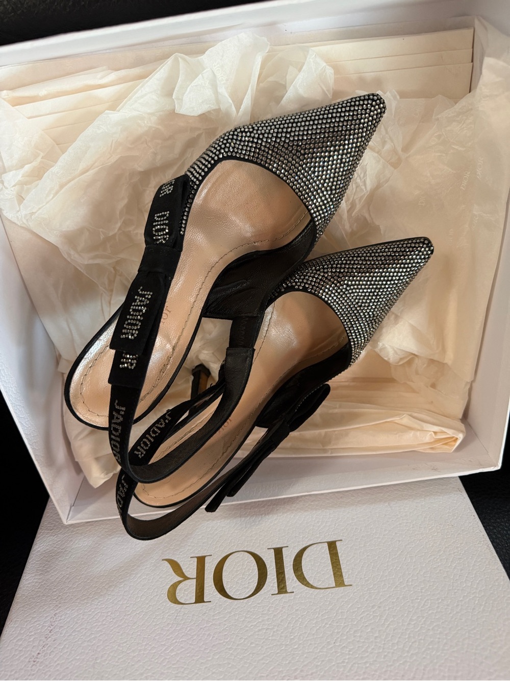 Dior Black Crystal Slingback Pumps with Logo Strap - Picture 2 of 3